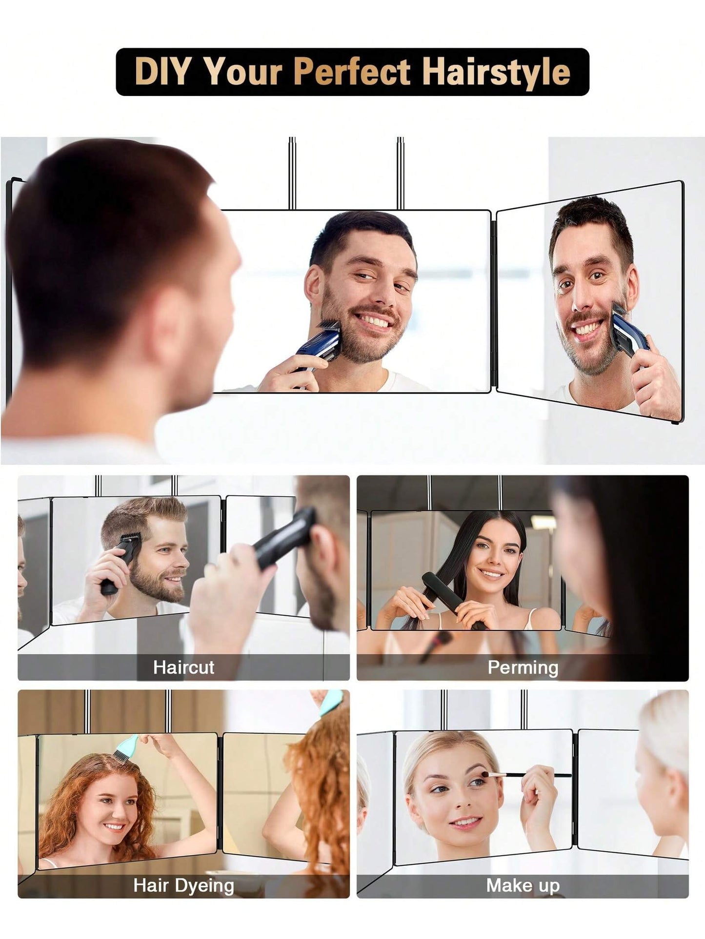 JUSRON 3 Way Mirror for Self Hair Cutting 360 Viewing Angle Self Hair Cutting Mirror, Clear Anti-Fog HD Glass without Led