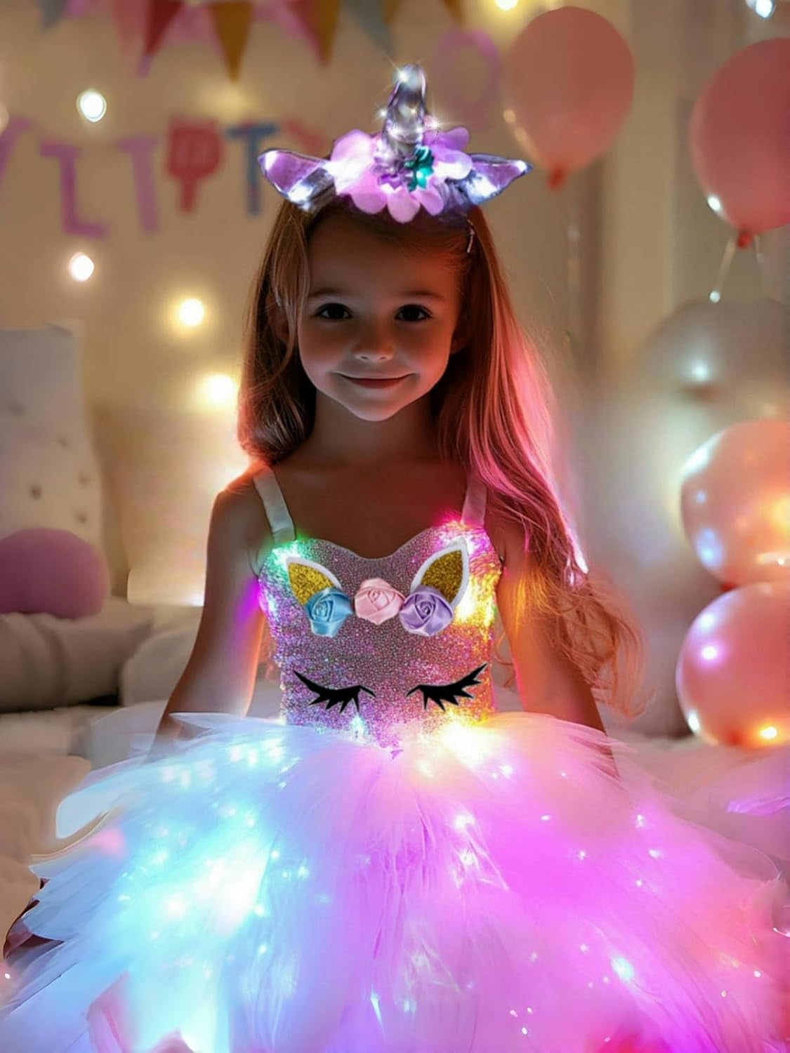 Girls Unicorn Costume, Rainbow Unicorn Dress, LED Light up Unicorn Tutu with Wing for Halloween Birthday Gift