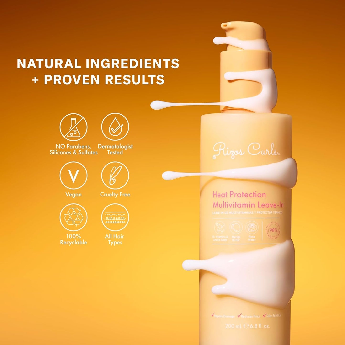 Multivitamin Leave-In Heat Protection up to 450°F – Strengthen, Repair & Add Shine to Straight, Wavy, Curly, Coily Hair Types 1A–4C – Sulfate & Paraben Free