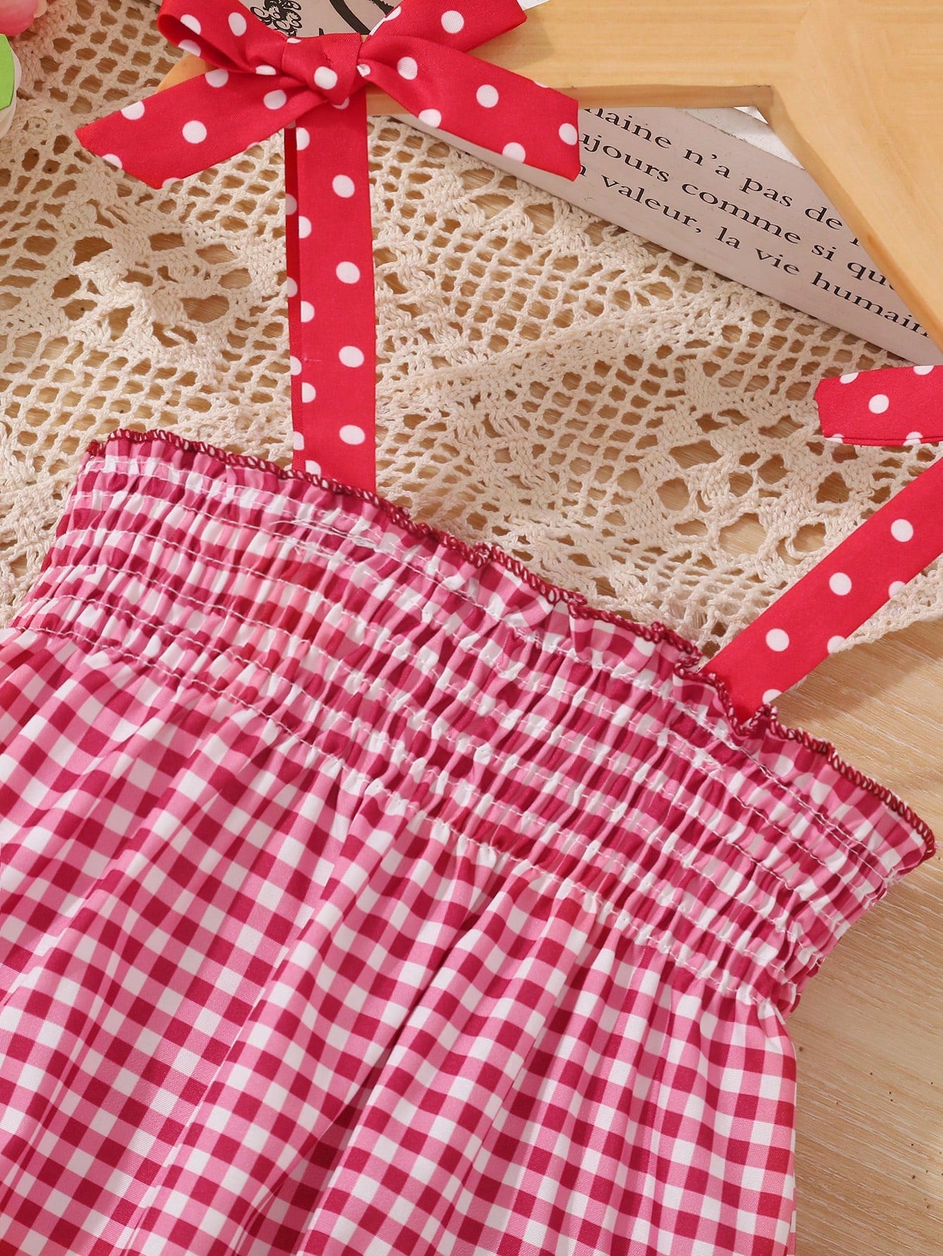 SHEIN Baby Girl Casual Cute Red and White Plaid Strawberry Applique Towel 3D Bowknot Sleeveless Dress, Spring/Summer, for Christmas