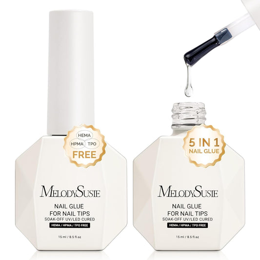 3Free 5 in 1 Nail Glue Gel for False Nail Tips, NO Hema HPMA TPO, Super Sticky and Strong Adhesion, Rhinestone, Blooming Gel, Base Coat, UV Lamp Curing Needed,2 Pcs 15Ml
