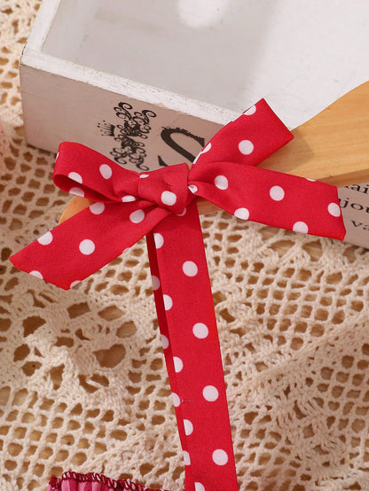 SHEIN Baby Girl Casual Cute Red and White Plaid Strawberry Applique Towel 3D Bowknot Sleeveless Dress, Spring/Summer, for Christmas