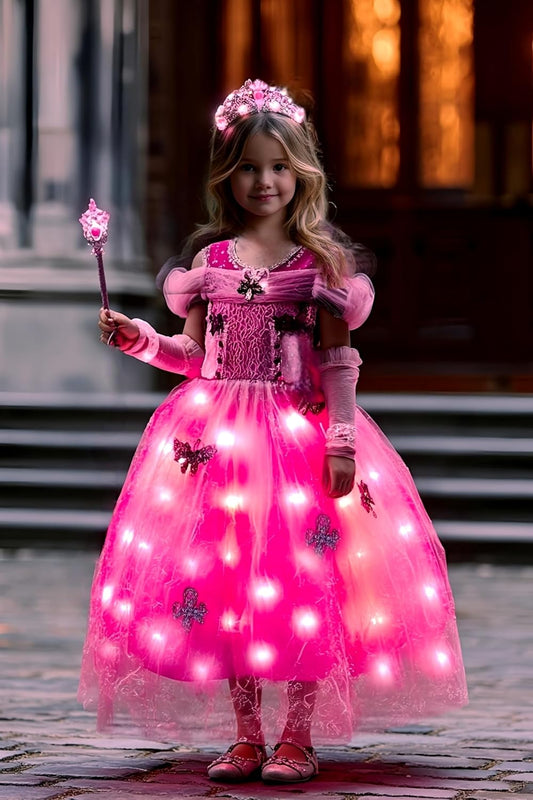 Girls Princess Costume Dress LED Light up Fancy Dresses up Cosplay Party Dress Red Butterfly Pink(Rose Red