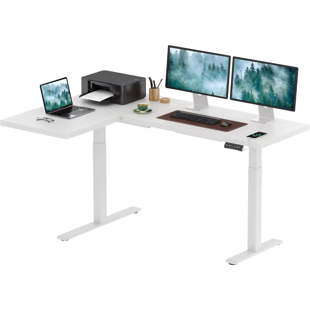 71-Inch Large Dual Motor L-Shaped Electric Height Adjustable Standing Desk - Reversible Panel - White Top/White Frame -