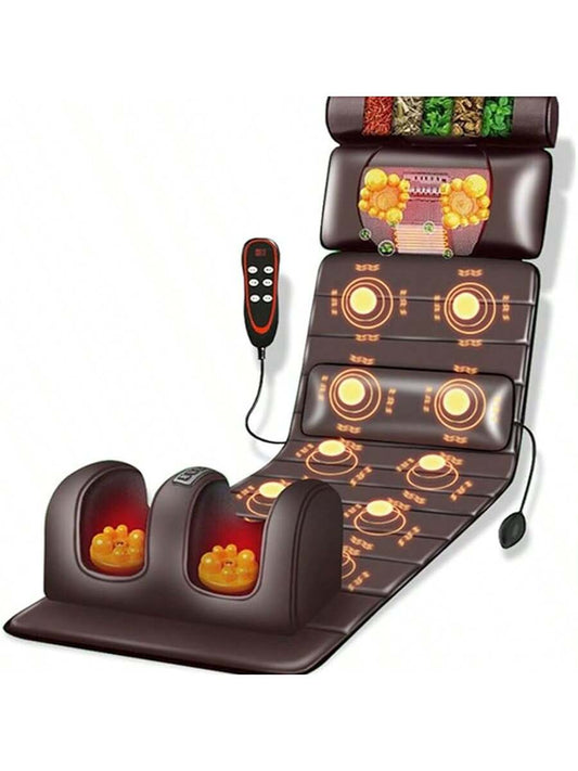 Full Body Massage Mat with Heating - 10 Vibration Nodes & Adjustable Pillow for Neck/Back/Leg Pain Relief - 138Cm X 50Cm Foldable Design with Remote Control (Brown)