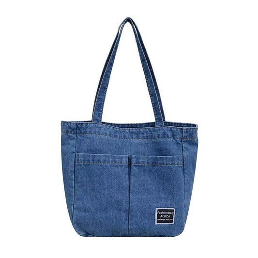 Vintage Blue Oxford Denim Tote Bag - Large Capacity Korean Style Casual Shoulder Bag for Women