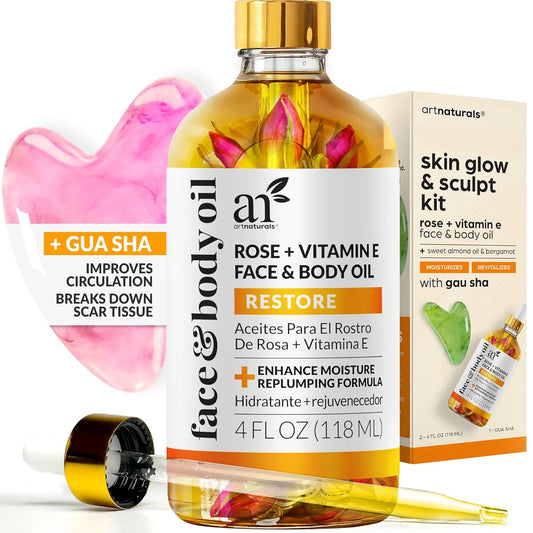 Face & Body Vitamin E Bio Oil 4.0Oz + Gua Sha Facial Tools Set - Organic Moisturizer Skincare for Scars, Stretch Mark, Cellulite & Nails - Great Massage Oil for Massaging Joint & Muscle