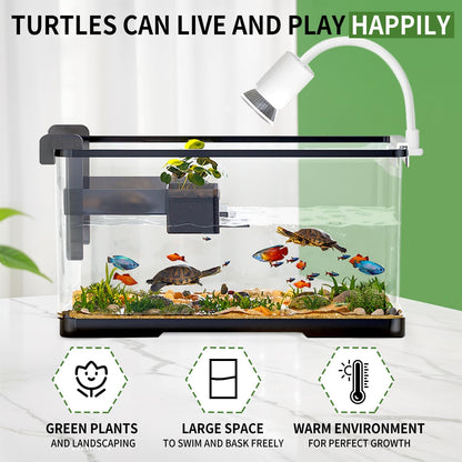 (Tank + Light + Filter + Filter Balls) Turtle Tank Kit, Turtle Tank Starter Kit,Bottom Drainage, Multi-Function Areas for Turtles, Crabs,Fishes, Amphibians,Reptiles. (15.75 X 8.64 X 8.64 Inch)
