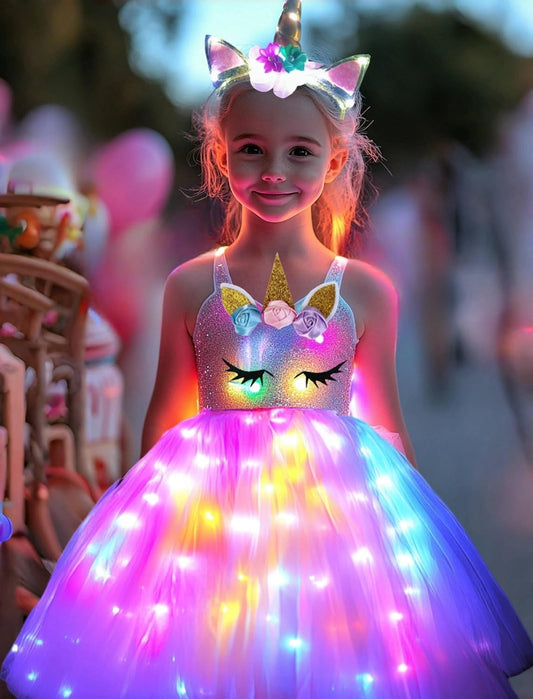 Girls Unicorn Costume, Rainbow Unicorn Dress, LED Light up Unicorn Tutu with Wing for Halloween Birthday Gift