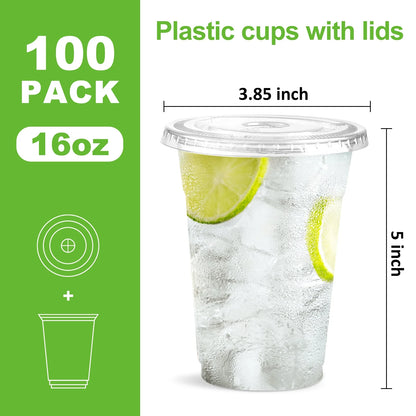 100 Pack 16 Oz Clear Plastic Cups with Lids, Iced Coffee Cups with Lids Disposable for Iced Coffee, Smoothie, Milkshake, Cold Drinks and Graduation Party