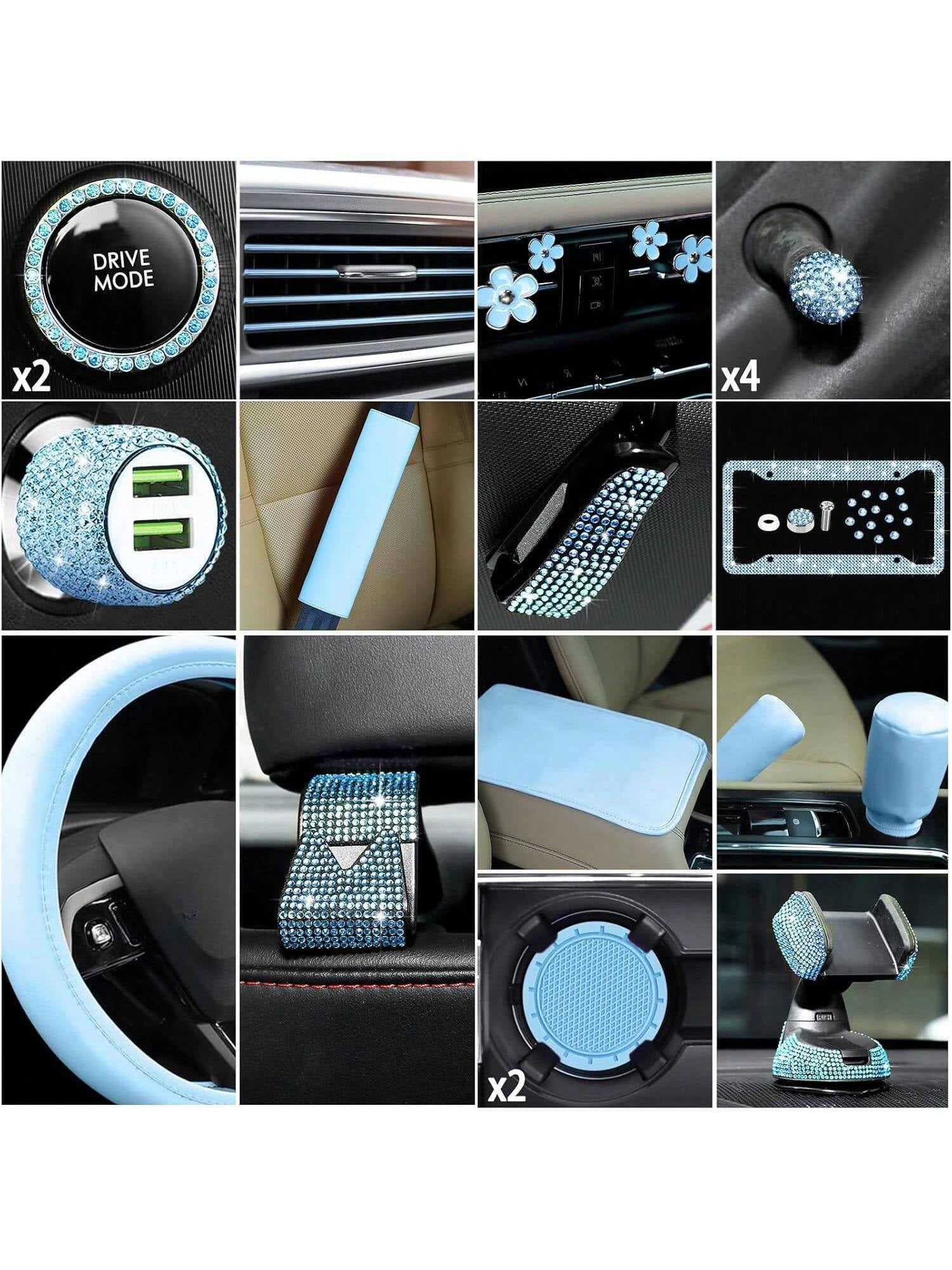 46 Pcs Bling Car Accessories Set for Women Leather Steering Wheel Cover Seat Belt Covers Diamond Rings Sticker Rhinestone Cup Holders USB Adapter Flower Air Vent Clip