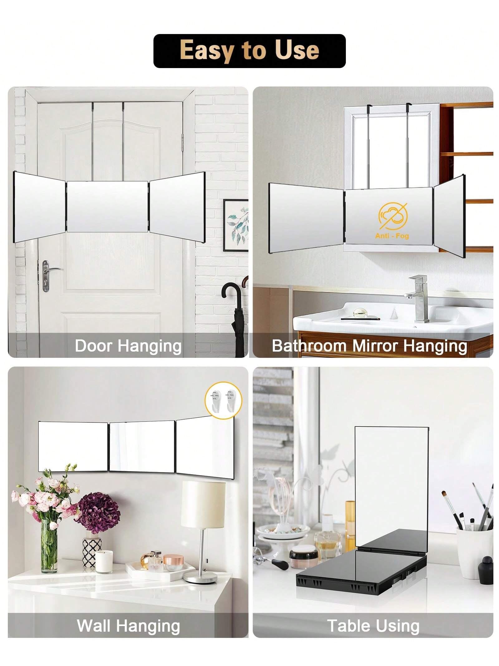 JUSRON 3 Way Mirror for Self Hair Cutting 360 Viewing Angle Self Hair Cutting Mirror, Clear Anti-Fog HD Glass without Led