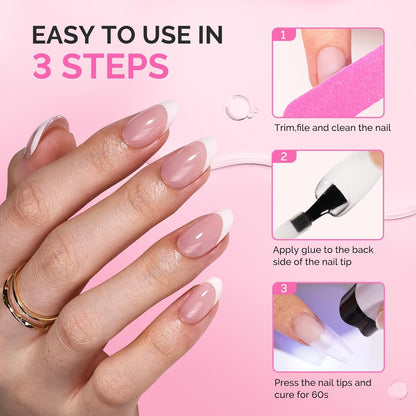 3Free 5 in 1 Nail Glue Gel for False Nail Tips, NO Hema HPMA TPO, Super Sticky and Strong Adhesion, Rhinestone, Blooming Gel, Base Coat, UV Lamp Curing Needed,2 Pcs 15Ml