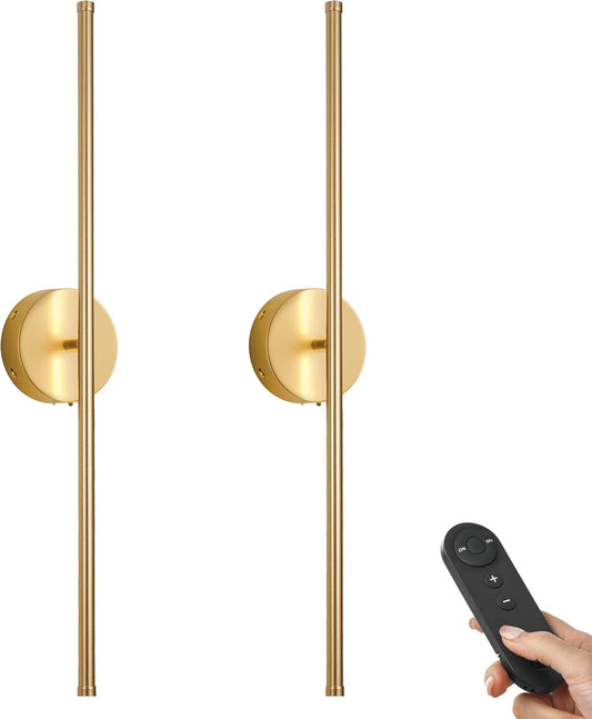 Battery Operated Wall Sconces with Remote Control, Dimmable Wall Sconces Set of Two, 350°Rotate, 3000K LED Gold Wireless Wall Light for Living Room, Bedroom, Hallway, 28.3 Inch (2 Pack)