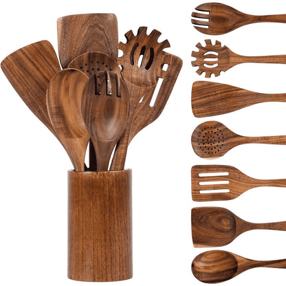 Thickened Wooden Spoons for Cooking, 8 Pcs Natural Wooden Utensil for Cooking with Non-Stick Heat Resistant, Wood Kitchen Utensil Set