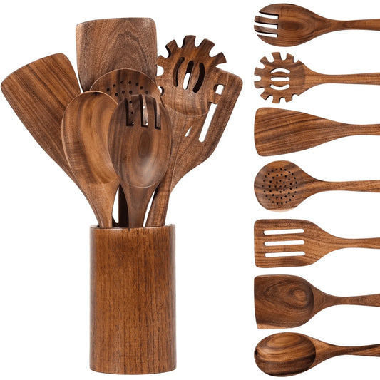 Thickened Wooden Spoons for Cooking, 8 Pcs Natural Wooden Utensil for Cooking with Non-Stick Heat Resistant, Wood Kitchen Utensil Set