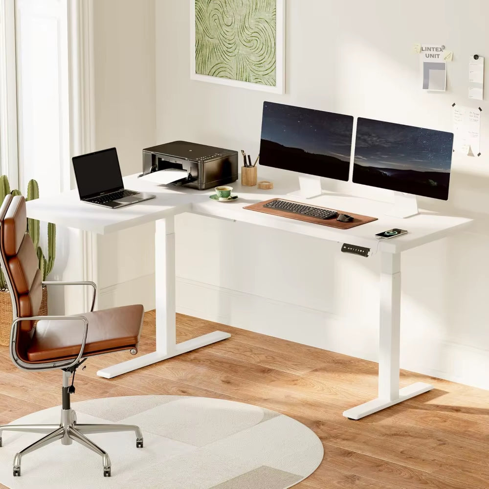 71-Inch Large Dual Motor L-Shaped Electric Height Adjustable Standing Desk - Reversible Panel - White Top/White Frame -