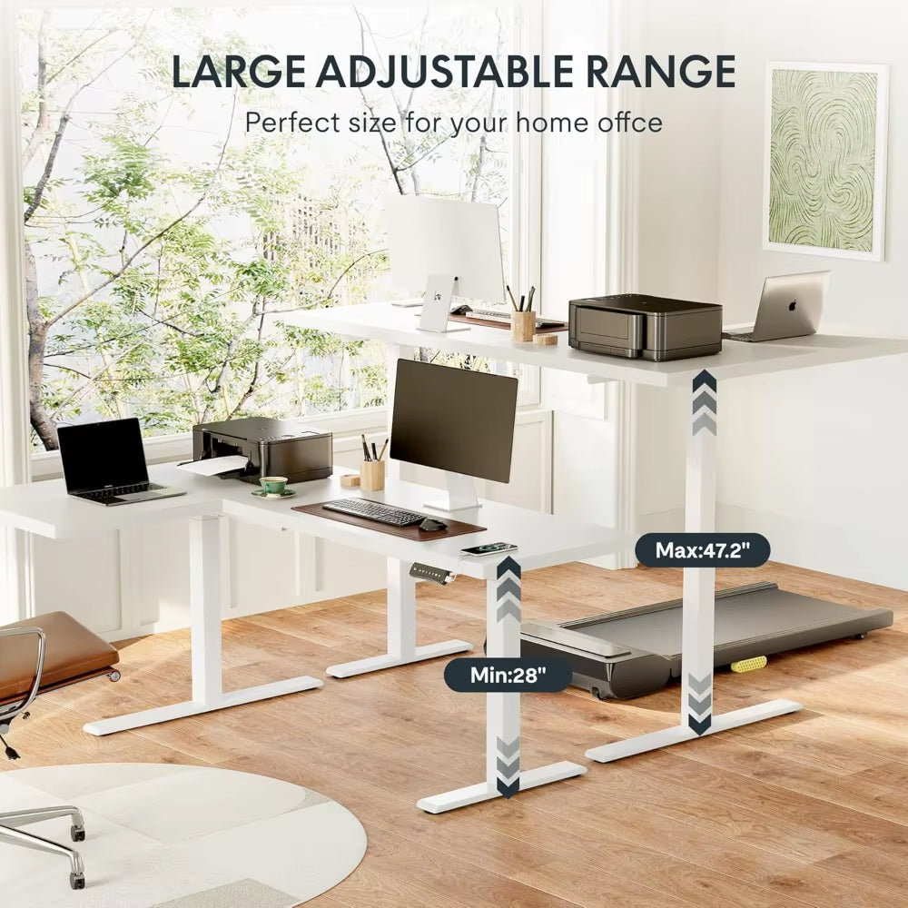 71-Inch Large Dual Motor L-Shaped Electric Height Adjustable Standing Desk - Reversible Panel - White Top/White Frame -