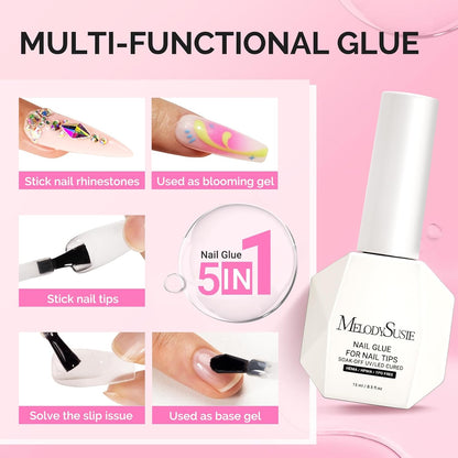 3Free 5 in 1 Nail Glue Gel for False Nail Tips, NO Hema HPMA TPO, Super Sticky and Strong Adhesion, Rhinestone, Blooming Gel, Base Coat, UV Lamp Curing Needed,2 Pcs 15Ml