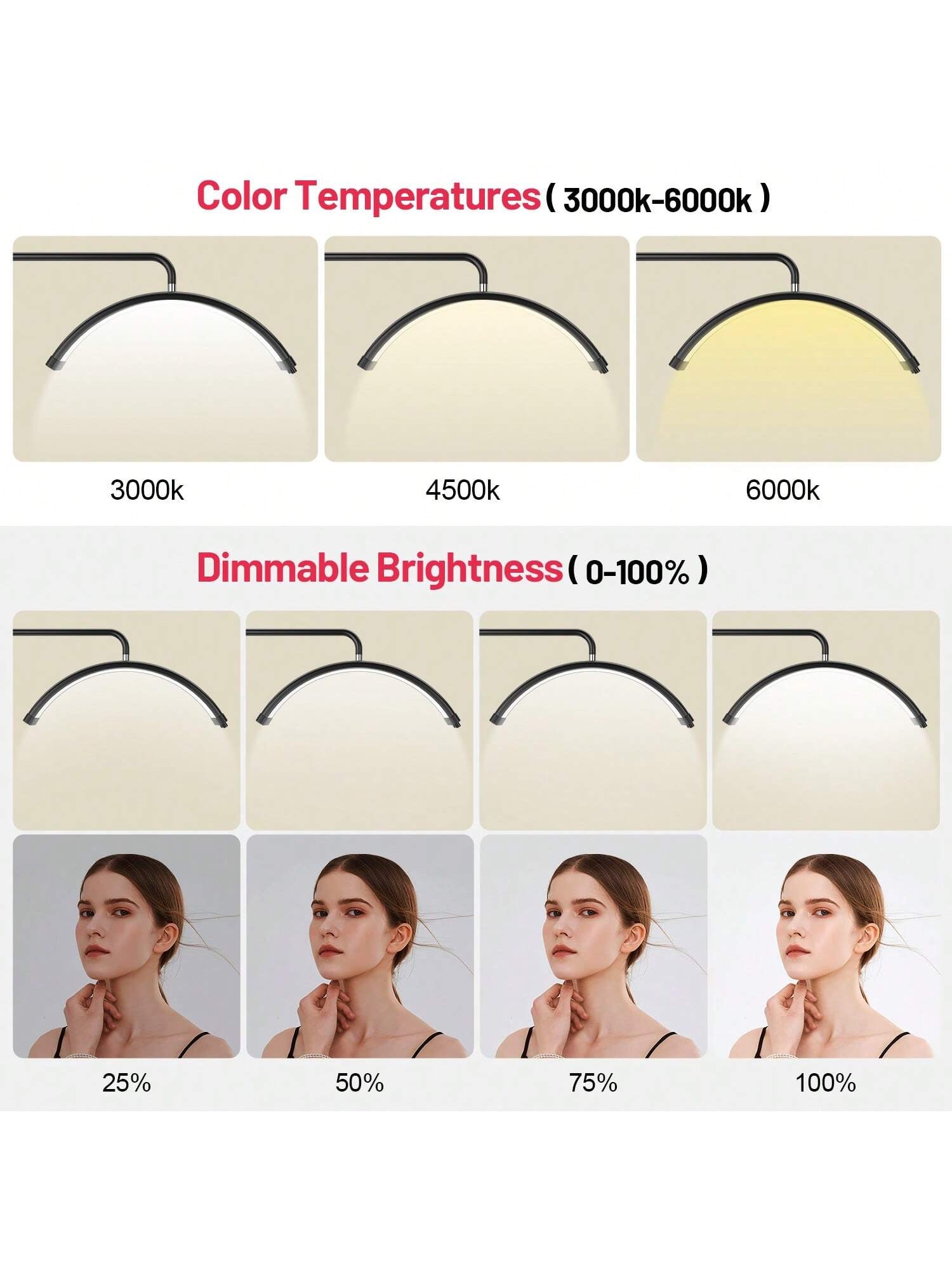 23'' LED Floor Light, Half Moon Lash Lighting: LED Lash Lamp for Eyelash - Adjustable Brightness Warm to Cool Esthetician Light for Lash Artist Tattoo-Black