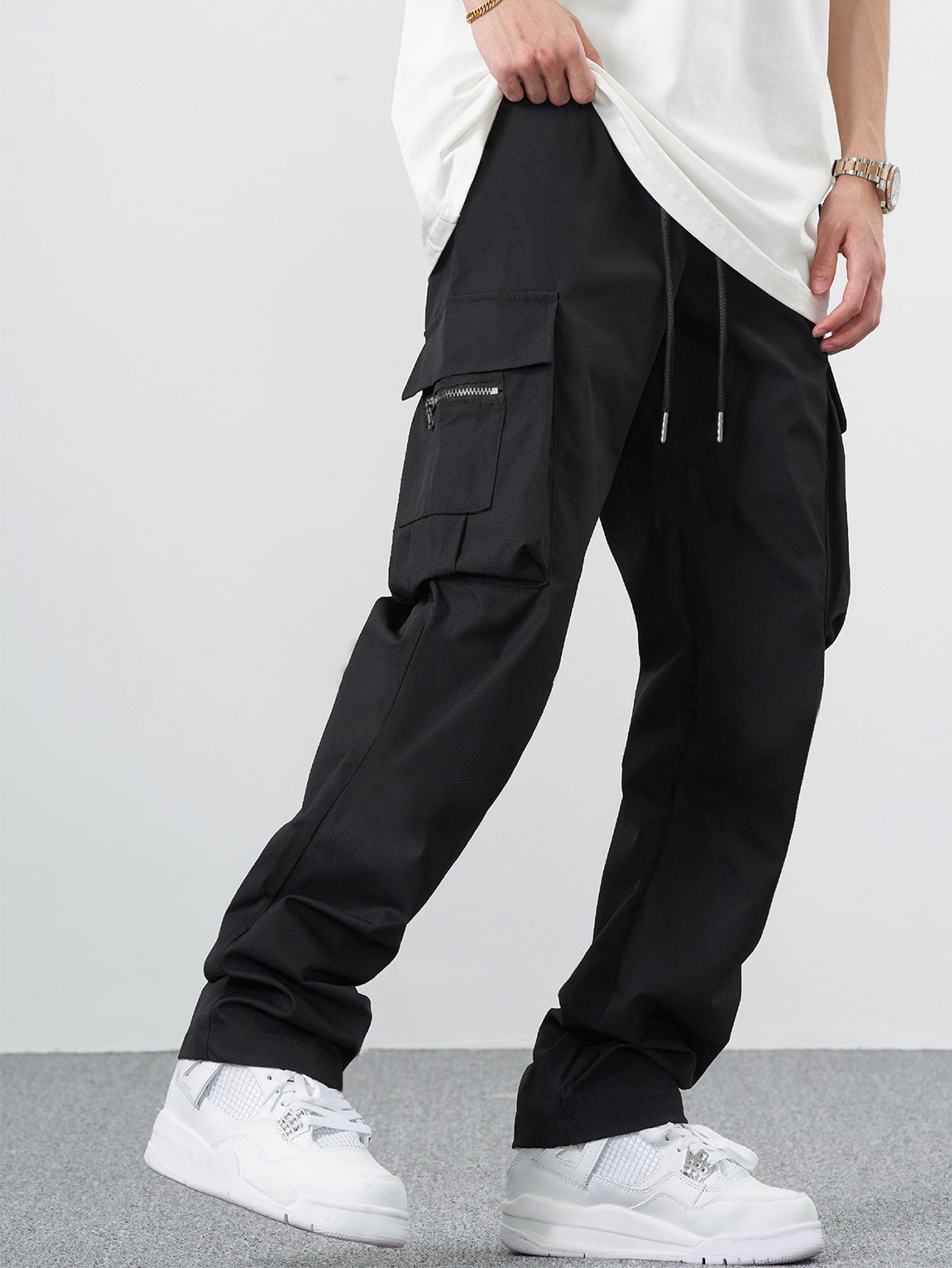 Claim Dot Men Casual Solid Drawstring Waist Cargo Pants