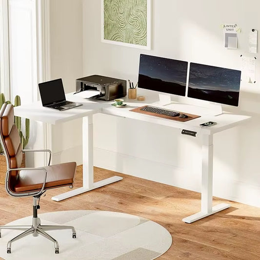 71-Inch Large Dual Motor L-Shaped Electric Height Adjustable Standing Desk - Reversible Panel - White Top/White Frame -