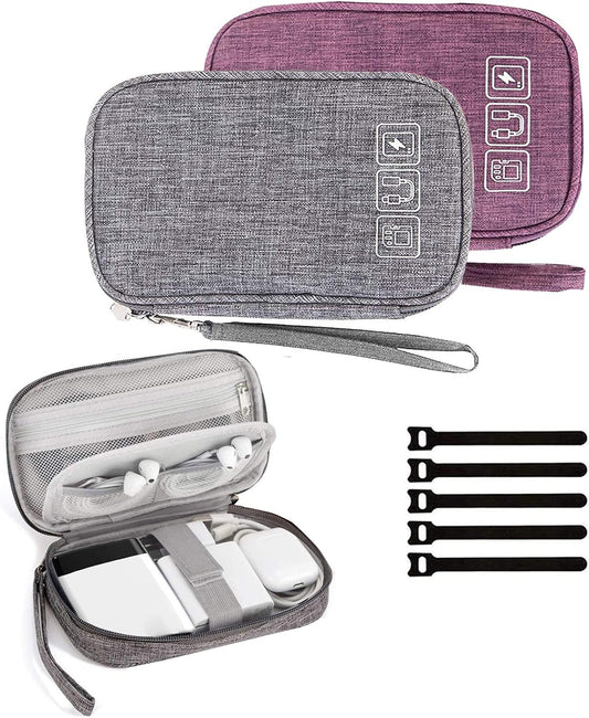 Cable Organizer Bag, 2PCS Travel Cord Organizer Pouch Small Electronics Accessories Bag Tech Cord Storage Pouch for Cable, Charger, Phone, USB, SD Card,With 5Pcs Cable Ties (Grey+Purple)