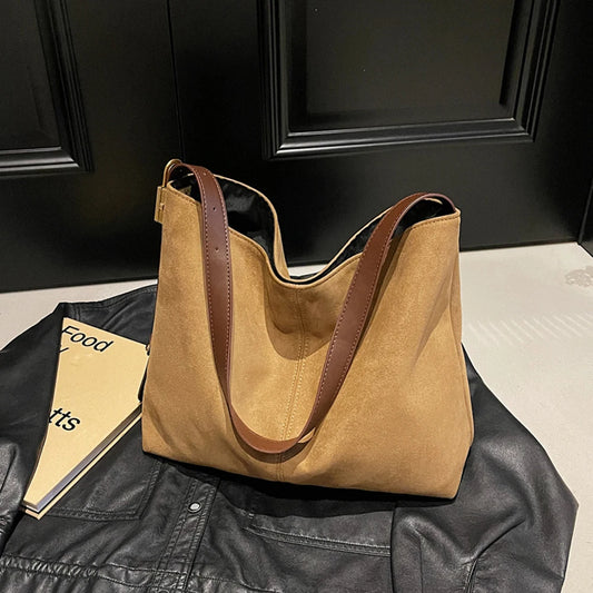 Vintage Women Bag Suede Shoulder Bag Large Capacity Slouchy Crossbody Bag Adjustable Strap Simple Tote Bag Ladies Outdoor Bag