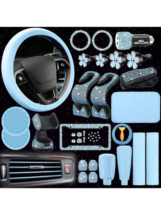 46 Pcs Bling Car Accessories Set for Women Leather Steering Wheel Cover Seat Belt Covers Diamond Rings Sticker Rhinestone Cup Holders USB Adapter Flower Air Vent Clip