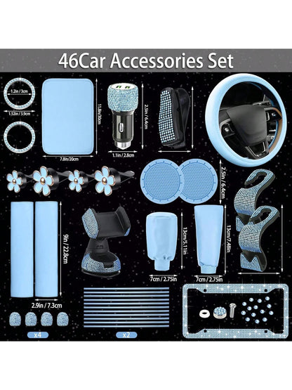 46 Pcs Bling Car Accessories Set for Women Leather Steering Wheel Cover Seat Belt Covers Diamond Rings Sticker Rhinestone Cup Holders USB Adapter Flower Air Vent Clip