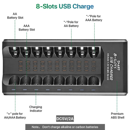 AA AAA Rechargeable Battery Charger for Ni-Mh Ni-Cd Batteries 8 Independent Slots