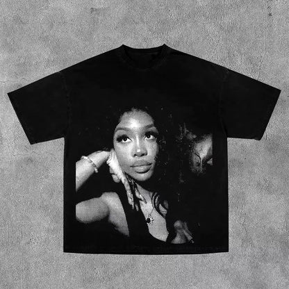 American Hip-Hop Character Pattern Printed T-Shirt Casual Fashion Oversized T-Shirt Harajuku Gothic Retro Tshirts Unisex Y2K Top