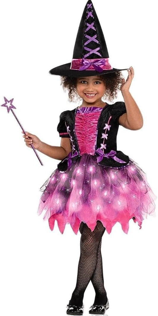 Girls Light-Up Sparkle Witch Costume, Includes Dress, Hat, and Wand; Small (4-6)