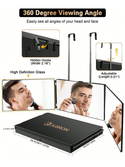 JUSRON 3 Way Mirror for Self Hair Cutting 360 Viewing Angle Self Hair Cutting Mirror, Clear Anti-Fog HD Glass without Led