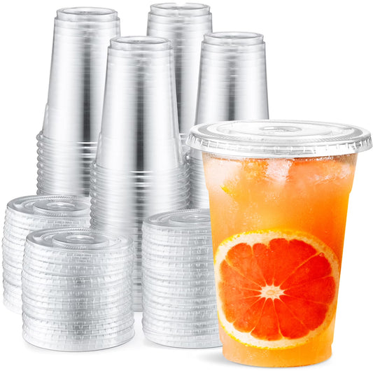 100 Pack 16 Oz Clear Plastic Cups with Lids, Iced Coffee Cups with Lids Disposable for Iced Coffee, Smoothie, Milkshake, Cold Drinks and Graduation Party