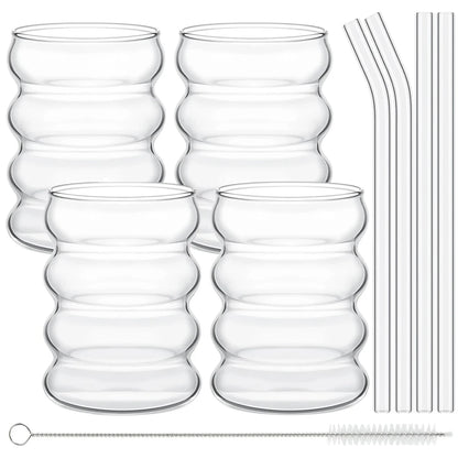 4Pcs Creative Glass Cups Coffee Mug Vintage Drinking Glasses Ribbed Glassware Aesthetic Cups with Straws Set