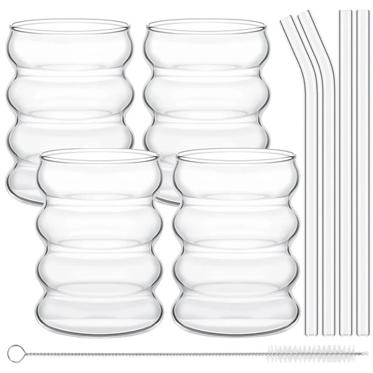 4Pcs Creative Glass Cups Coffee Mug Vintage Drinking Glasses Ribbed Glassware Aesthetic Cups with Straws Set