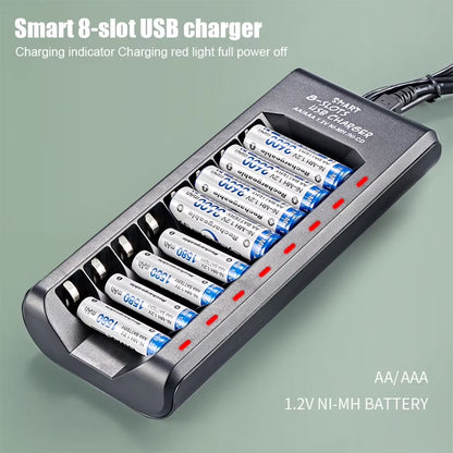 Rechargeable Battery Charger USB Output 8 Slots Fast Charging Short Circuit Protection for 1.2V Nimh AAA/AA Batteries Charger