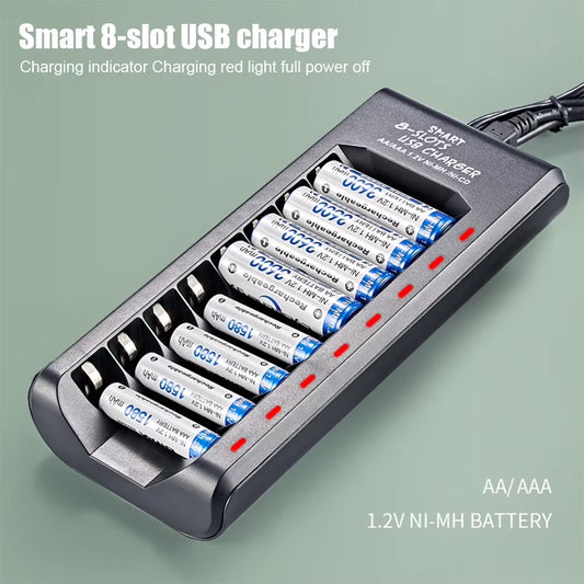 Rechargeable Battery Charger USB Output 8 Slots Fast Charging Short Circuit Protection for 1.2V Nimh AAA/AA Batteries Charger