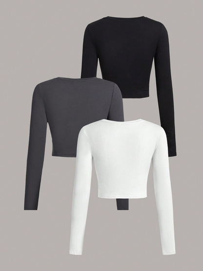 SHEIN Ezwear 3Pcs/Set Casual Minimalist Crew Neck Long Sleeve Cropped Fitted Women T-Shirts, Suitable for Spring & Autumn