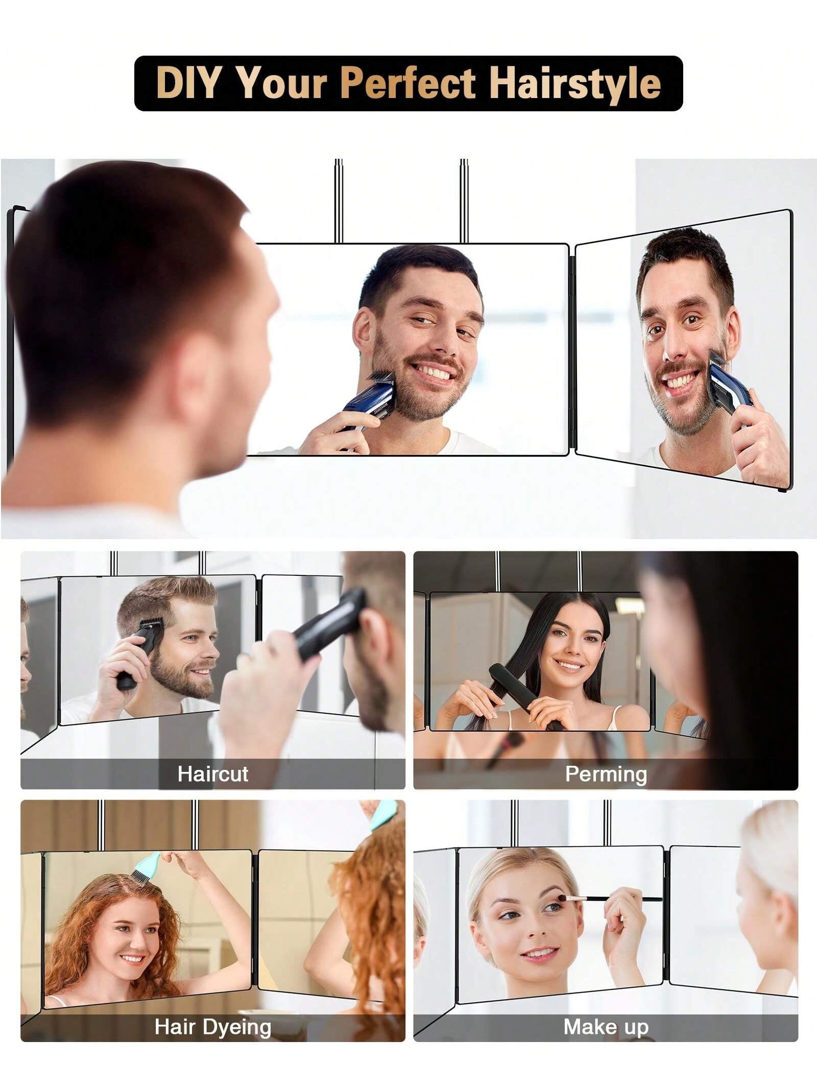 JUSRON 3 Way Mirror for Self Hair Cutting 360 Viewing Angle Self Hair Cutting Mirror, Clear Anti-Fog HD Glass without Led