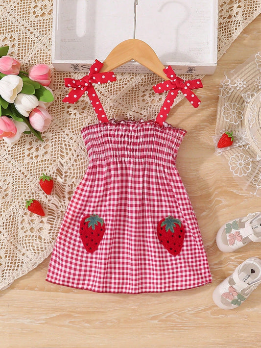 SHEIN Baby Girl Casual Cute Red and White Plaid Strawberry Applique Towel 3D Bowknot Sleeveless Dress, Spring/Summer, for Christmas