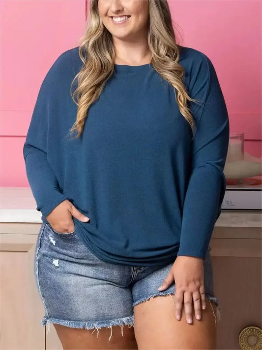 Dreamy Knit Boatneck Dolman Top Crew-Neck Batwing Sleeves T-Shirt High Elasticity Patchwork Long-Sleeved Casual Daily Wear Tops
