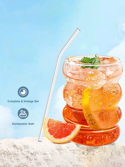 4Pcs Creative Glass Cups Coffee Mug Vintage Drinking Glasses Ribbed Glassware Aesthetic Cups with Straws Set