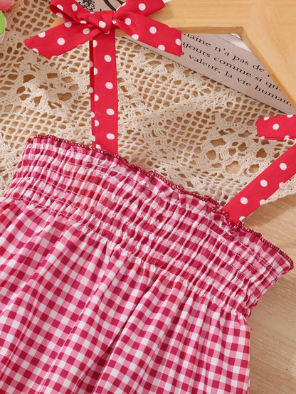 SHEIN Baby Girl Casual Cute Red and White Plaid Strawberry Applique Towel 3D Bowknot Sleeveless Dress, Spring/Summer, for Christmas